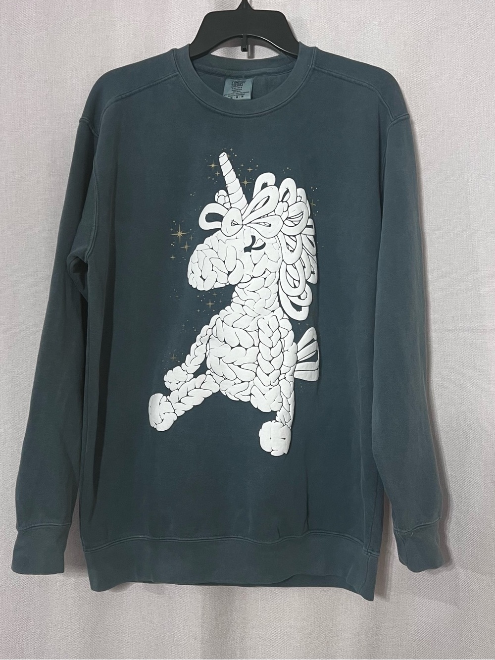 Comfort Colors Teal Crewneck Sweatshirt with White Unicorn Graphic
